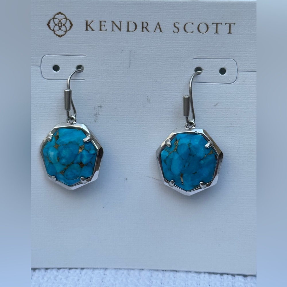 Kendra Scott “Cynthia” Turquoise Hexagon Silver Setting Drop  Earrings NWT